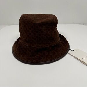 Gucci Bucket Hat Suede Leather Trim Brown GG Logo